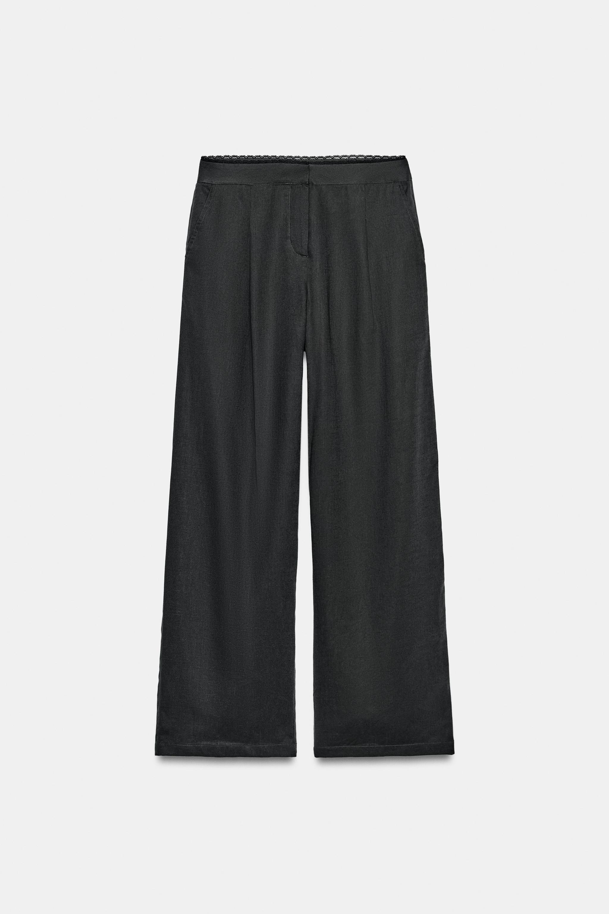 STRAIGHT LEG LINEN PANTS WITH LACE TRIM
